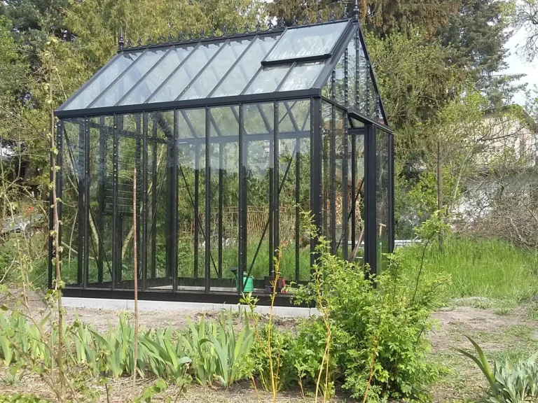 Schwarzes Gewächshaus im Garten umgeben von Pflanzen. HOGATEK von Hof und Garten Wittstock.